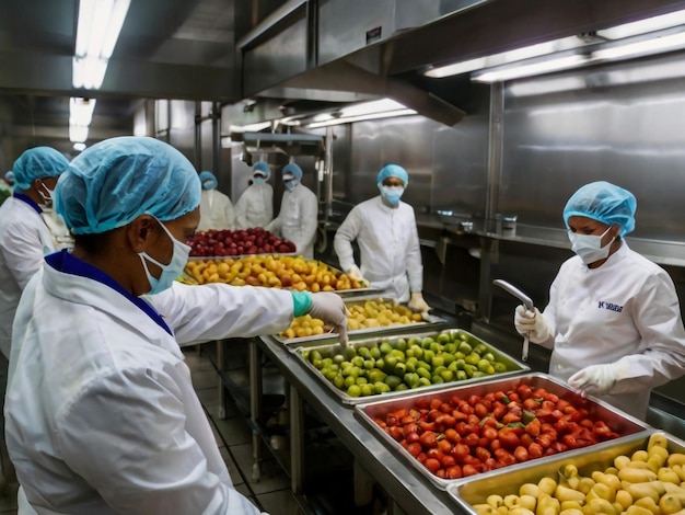 a group of people in a kitchen with boxes of fruit