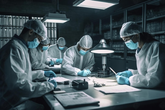 A group of people in lab coats are working in a dark room.