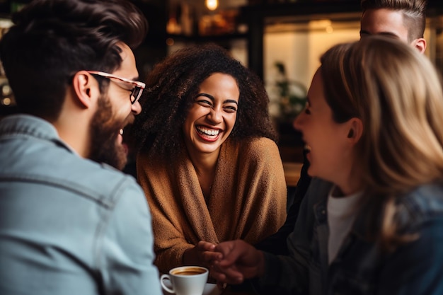 a group of people laughing and having a conversation A gathering of individuals engaged in jovial conversation and laughter