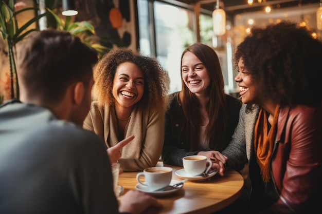 a group of people laughing and having a conversation A gathering of individuals engaged in jovial conversation and laughter