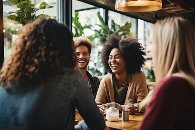 a group of people laughing and having a conversation A gathering of individuals engaged in jovial conversation and laughter