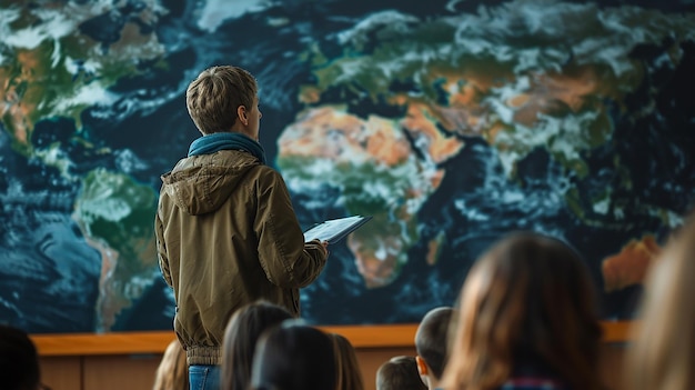 a group of people looking at a map of the earth