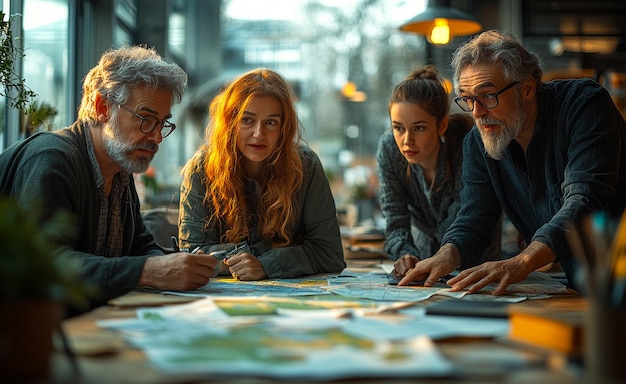 Photo a group of people looking at a map of the world