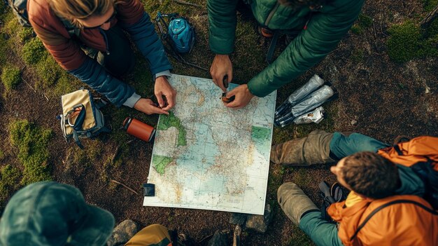 Photo a group of people looking at a map of the world