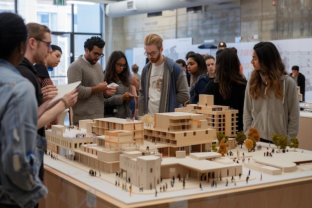 a group of people looking at a model of a model building