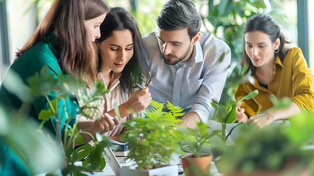 a group of people looking at plants with one of them holding a plant