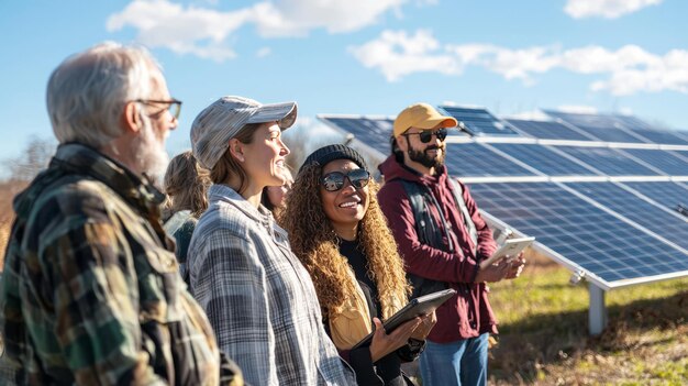 Photo group of people looking at solar panels with tablets in hand