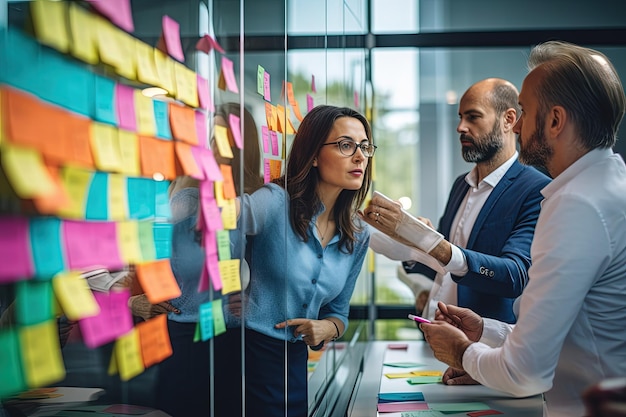 A group of people looking at sticky notes on a glass wall