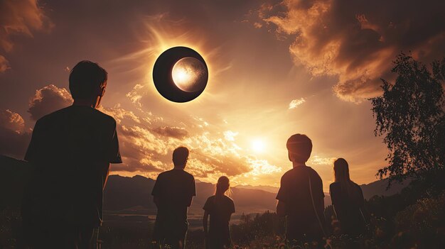 Photo a group of people looking in wonder as solar eclipse occurs in sky