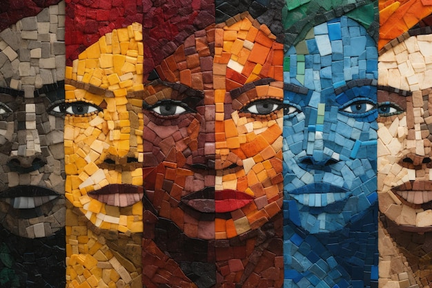 A group of people made out of mosaic tiles