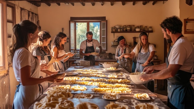 Photo group of people making pasta in a rustic kitchen