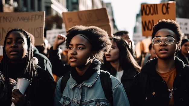 A group of people marching in a protest