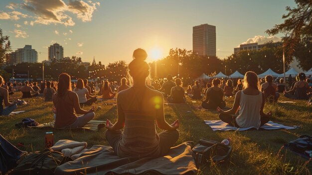 Photo a group of people meditating in front of a sunset