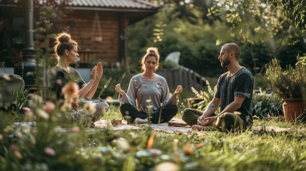 Photo group of people meditating in a green garden during the day in high resolution and high quality harmony concept