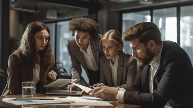 A group of people in a meeting, one of them is looking at a document.