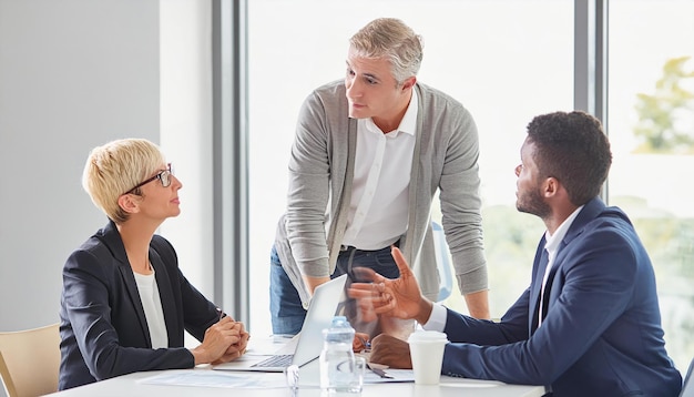 a group of people in a meeting one of them is wearing a suit and the other has a laptop on it