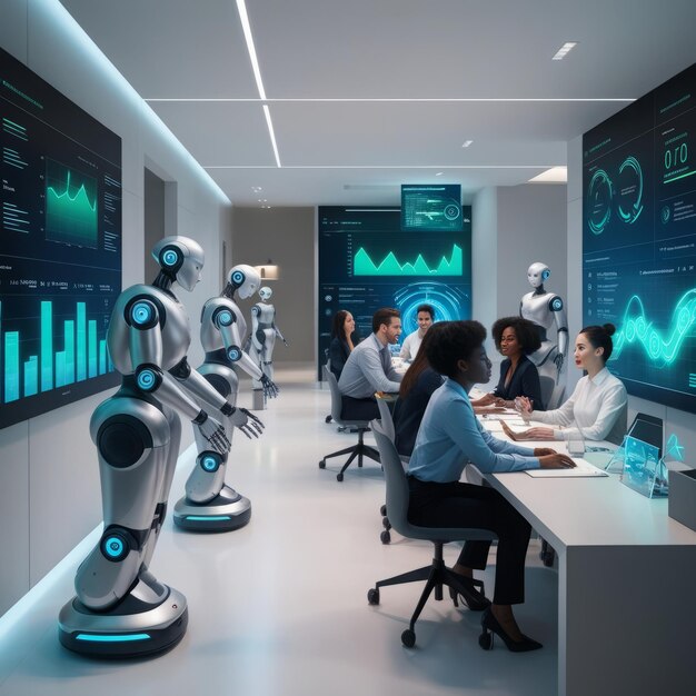 Photo a group of people in a meeting room with a graph on the wall behind them