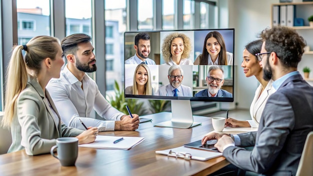 a group of people in a meeting with a tv showing their faces