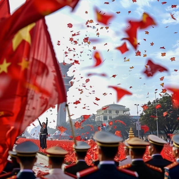 a group of people in military uniforms and red flags are flying in the air