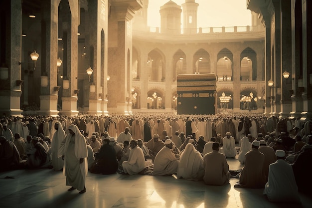 A group of people in a mosque with the kaaba in the background.