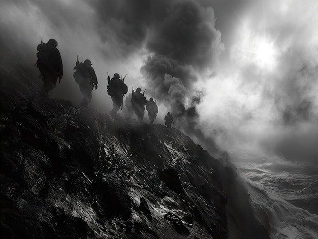 Photo a group of people on a mountain with a waterfall in the background