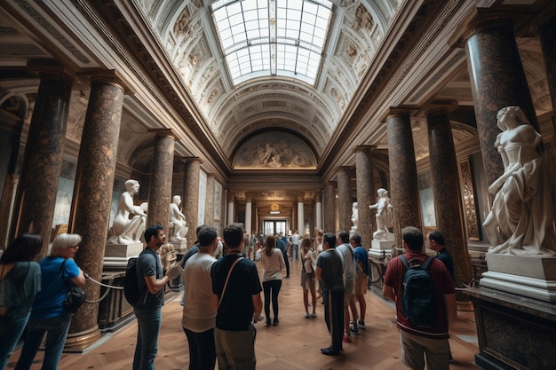 A group of people in a museum looking at the art gallery.