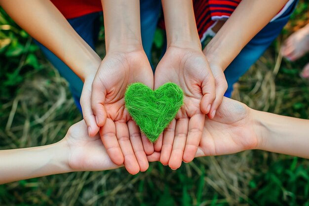 Group of people in nature holding a green heart happy expression on their faces