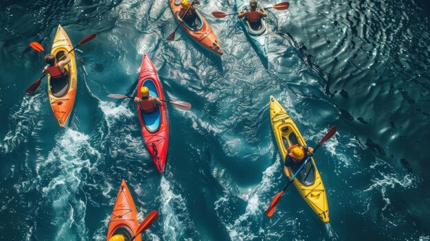 A group of people navigating in kayaks on the water paddling against the current