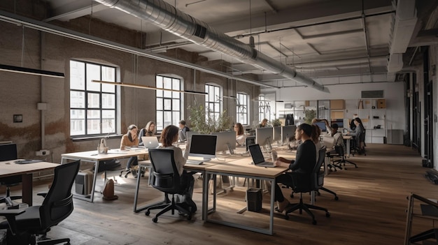 A group of people in an open office space with a large window behind them.