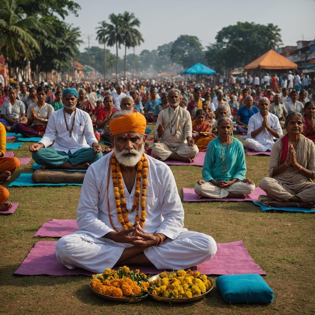 a group of people in orange robes are practicing yoga