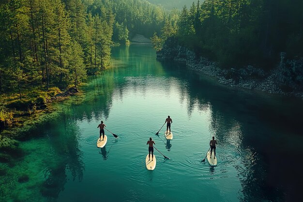 Photo a group of people paddle boarding on a serene lake