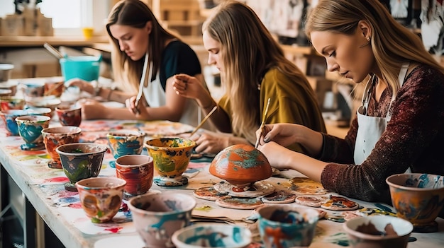 Photo group of people painting clay hobbie activity indoors painting watercolor close up hands