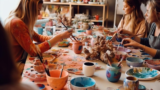 Group of people painting clay Hobbie activity indoors painting watercolor Close up hands