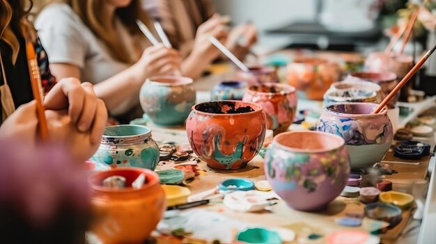 Photo group of people painting clay hobbie activity indoors painting watercolor close up hands