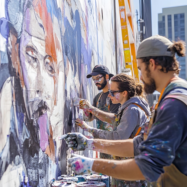 a group of people painting a mural that has the word quot face quot on it