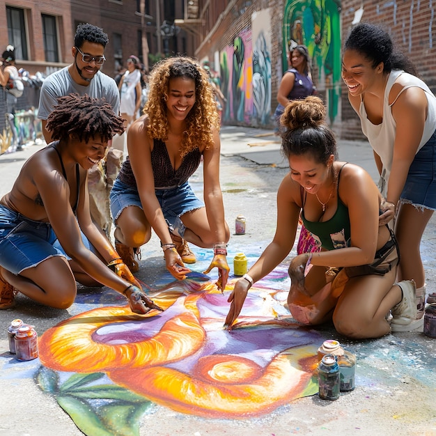 Photo a group of people painting a picture of a painting