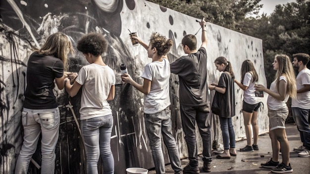 a group of people painting a wall with a paint brush