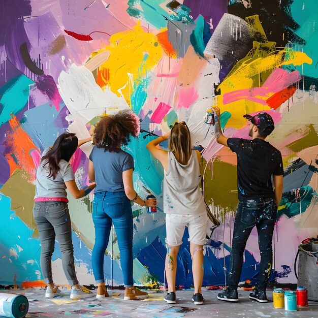 a group of people painting a wall with the word art on it