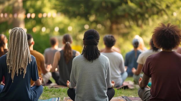 a group of people in a park with the words  yoga  on the grass