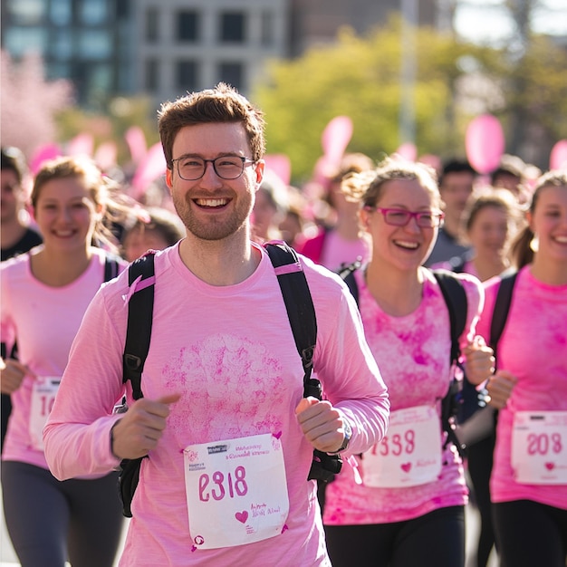 Photo a group of people participating in a charity walk or run to support breast cancer research and aware