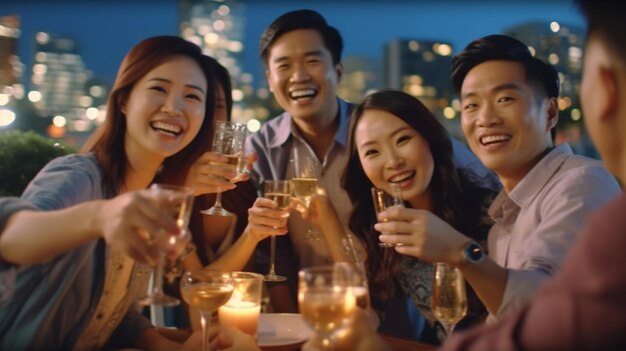 Group of people in party and celebrating together with white wine Generative AI