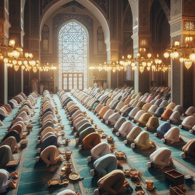 A group of people performing Taraweeh prayers in a beautifully decorated mosque during Ramadan