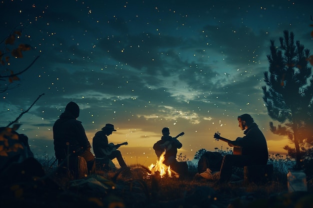 Group of people on picnic beachside party campfire in sunset silhouette wallpaper