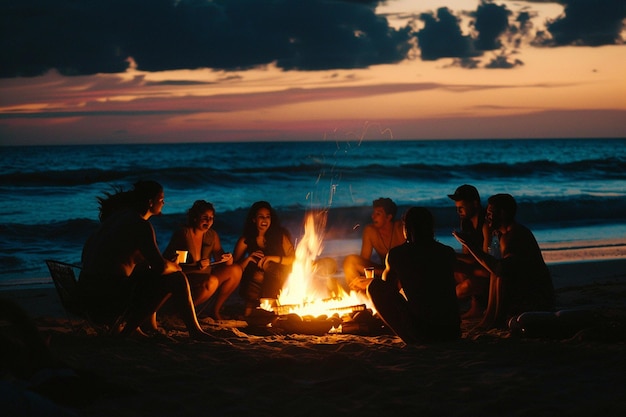 Group of people on picnic beachside party campfire in sunset silhouette wallpaper