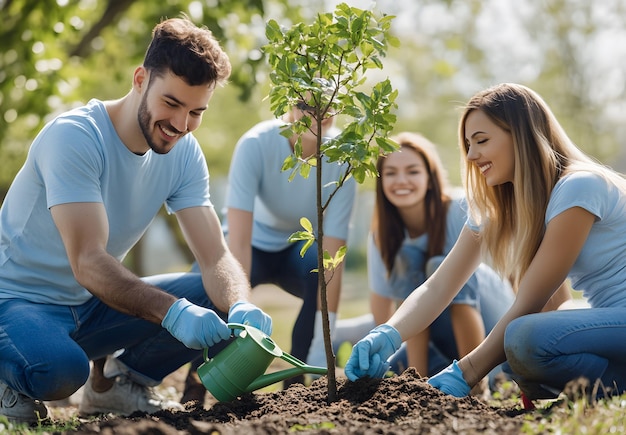 Photo a group of people planting a tree in the garden