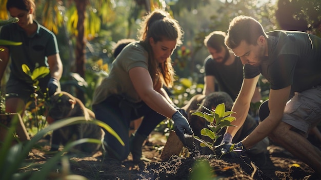 Photo a group of people planting trees in a forest