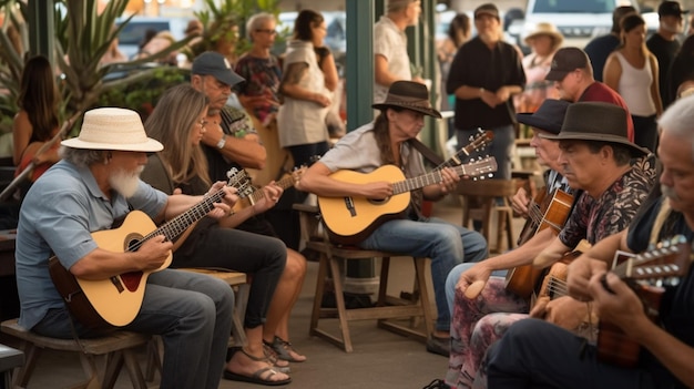 A group of people play guitar and sing at the bar.