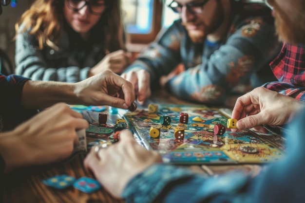 Photo a group of people playing a board game group of friends playing board games on a rainy day