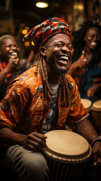 A group of people playing djembe drums in a circle their bodies moving in rhythm to the music Created with Generative AI