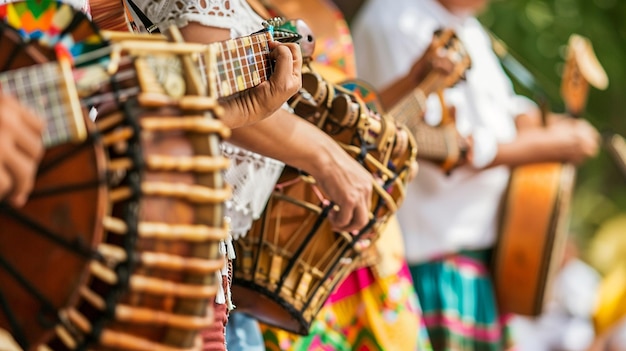 Photo a group of people playing drums and one has a white shirt on it